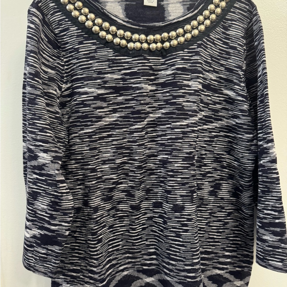 Sag Harbor Navy & White Sweater Woman’s  Beaded Neck Long Sleeves Pullover- XL